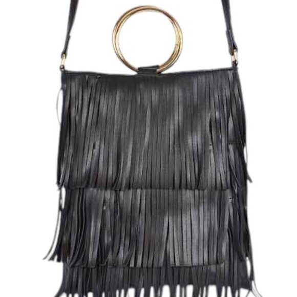 Fringe Tiered /Tassel/ Gold Hoop / Boho Style Crossbody/ Retro 70s - Black - NWT